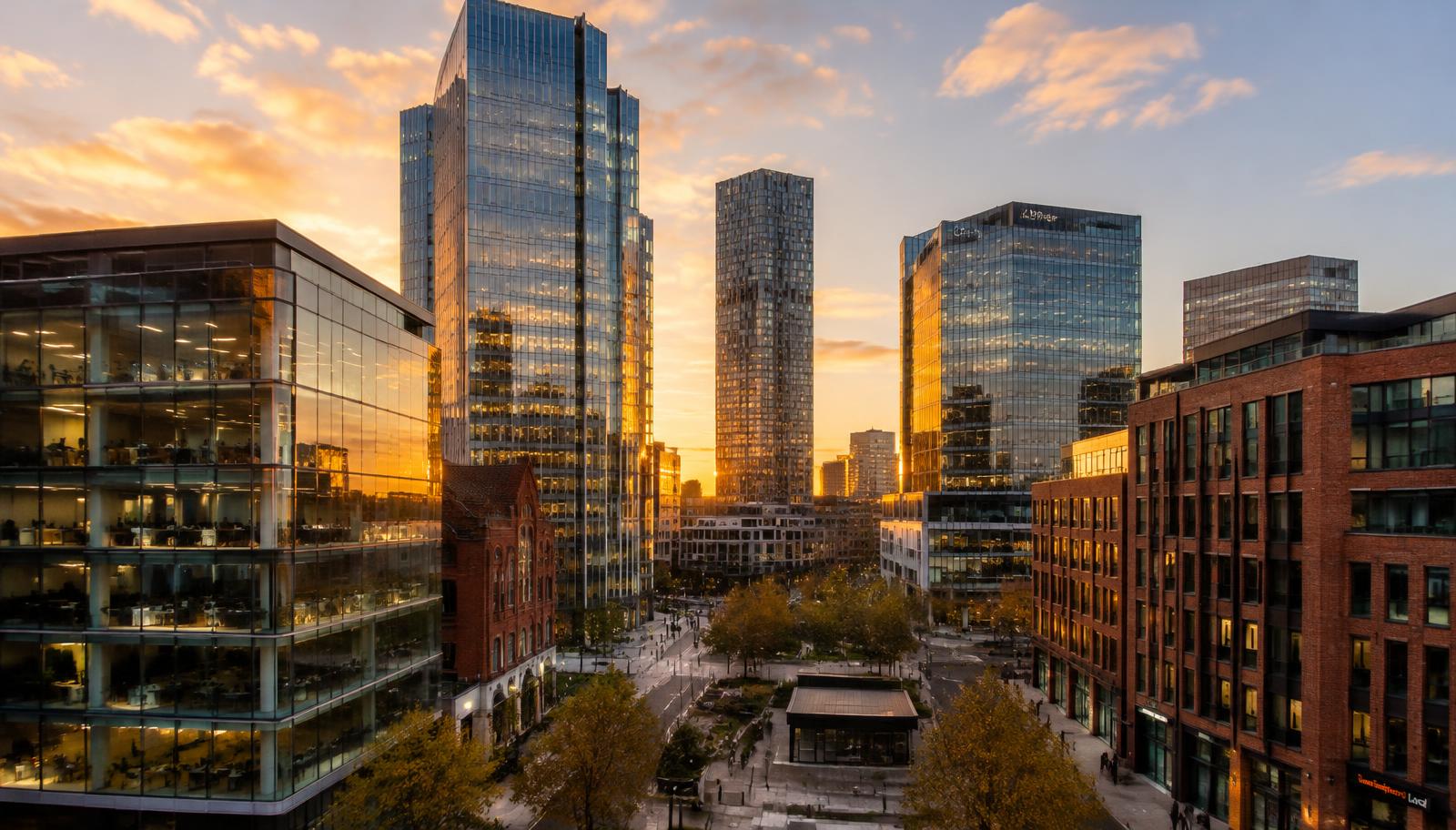 Modern glass office towers and red brick buildings in Manchester city centre at sunset