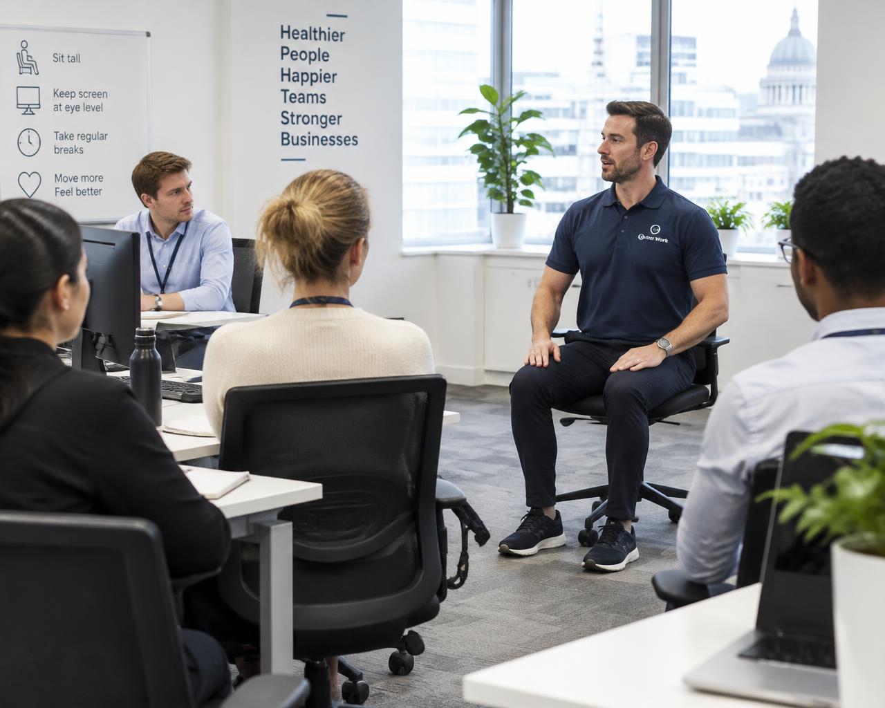Coach demonstrating seated posture to a small group of colleagues at their desks