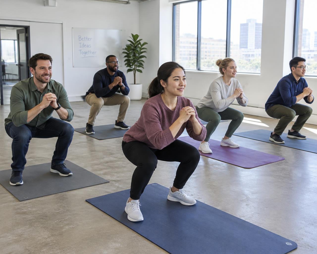 Office team doing bodyweight squats on yoga mats in a converted office space